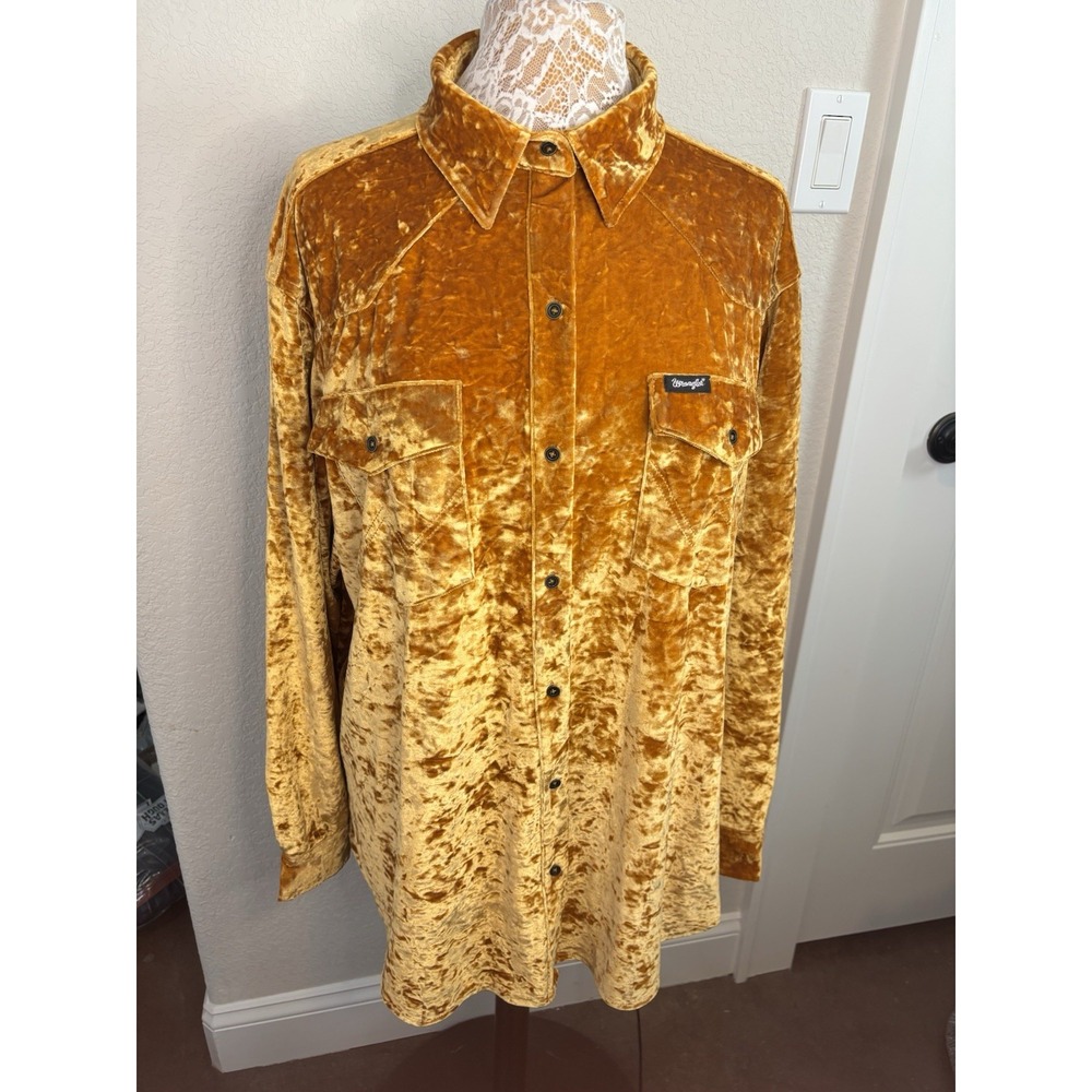 Wrangler Retro Crushed Velvet Western Shirt Women's Mustard Gold XL Cowgirl
